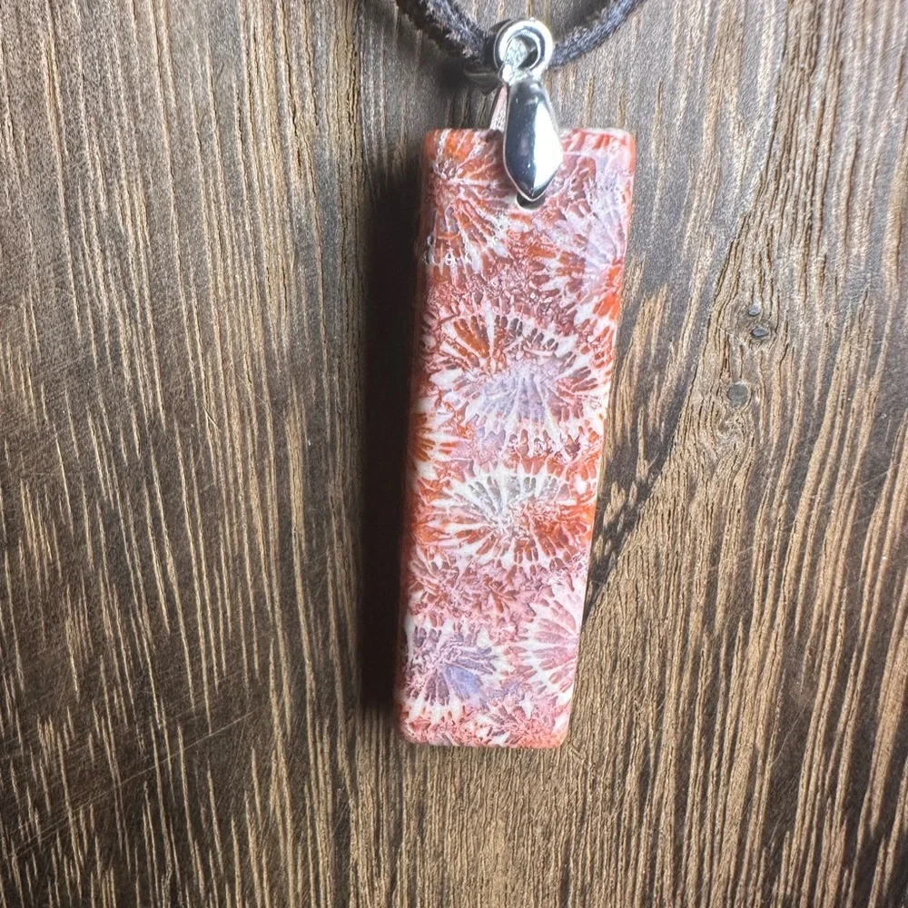 Dark Orange Coral Fossil Thin Rectangle Pendant Necklace on Brown Suede - Picture 9 of 13